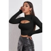 Giyim Kadın Siyah Modern Fit Göğüs Dekolteli Uzun Kollu Cut Out Crop Top Bluz