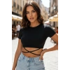 Giyim Kadın Siyah Modern Fit Yarım Kol Çapraz Bağlamalı Crop Top Bluz