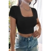 Giyim Kadın Siyah Modern Fit Yarım Kol Düz Yaka Crop Top Bluz