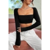 Giyim Kadın Siyah Uzun Kol Göğüs Ve Sırt Dekolteli Crop Top Bluz