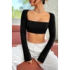 Giyim Kadın Siyah Uzun Kol Göğüs Ve Sırt Dekolteli Crop Top Bluz