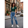 Giyim Kadın Yeşil Fermuar Detaylı Modern Kesim Crop Bluz