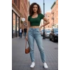 Giyim Kadın Yeşil Şık Kesim Yarım Kol Crop Bluz