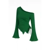 Giyim Kadın Yeşil Uzun İspanyol Kollu Asimetirik Yaka Yandan Bağlamalı Drapeli Bluz