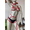 Giyim Kırmızı Deri Tasma Detaylı Şık Harness Takım
