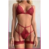Giyim Kırmızı Göğüs Dantelli Seksi Jartiyer Takım