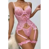 Giyim Özel Tasarım Dantelli Fantezi Pembe Jartiyer Takımı