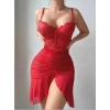 Giyim Özel Tasarım Fırfırlı Dantel İşlemeli Tül Fantezi Kırmızı Gecelik