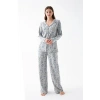 Kadın Gri Desenli Düğmeli Pamuklu Pijama Takımı