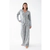 Kadın Gri Desenli Düğmeli Pamuklu Pijama Takımı