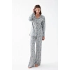 Kadın Gri Desenli Düğmeli Pamuklu Pijama Takımı