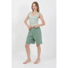 Kadın Kalın Askılı Pamuk Penye Şortlu Crop Takım SuYeşili
