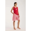 Kadın Kırmızı Kurdele Detaylı Çizgili Şortlu Pijama Takımı