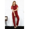 Kadın Kolu Dantelli Penye Pijama Takım Bordo