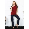 Kadın Kolu Dantelli Penye Pijama Takım Bordo