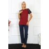 Kadın Kolu Dantelli Penye Pijama Takım Bordo