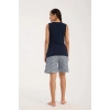 Kadın Lacivert Kurdele Detaylı Çizgili Şortlu Pijama Takımı