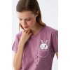 Kadın Mor Patili Tavşan Baskılı Cepli Pijama Takımı