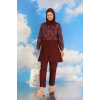 Kadın Pantolonlu Desenli Tam Tesettür Mayo Bordo