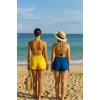 Kadın Sarı ve Mavi Şortlu Belden ve Boyundan Bağlamalı Bikini Takımı