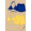 Kadın Sarı ve Mavi Şortlu Belden ve Boyundan Bağlamalı Bikini Takımı
