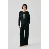 Kadın Siyah Aslan Burcu Oversize 2 İplik Eşofman Ev Giyim Takımı