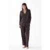 Kadın Siyah Düğmeli Kalp Desenli Pamuklu Pijama Takımı