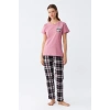 Kadın Somon Ayıcık Baskılı Ekoseli Penye Pijama Takımı
