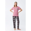 Kadın Somon Ayıcık Baskılı Ekoseli Penye Pijama Takımı
