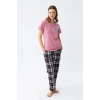 Kadın Somon Ayıcık Baskılı Ekoseli Penye Pijama Takımı