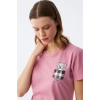 Kadın Somon Ayıcık Baskılı Ekoseli Penye Pijama Takımı