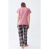 Kadın Somon Ayıcık Baskılı Ekoseli Penye Pijama Takımı