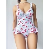 Kadın Vişne Desenli Dantel İşlemeli Şık Body