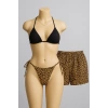 Siyah Leopar Desenli 3’lü Bikini Takımı Şortlu Yandan Bağlamalı Esnek Kumaş Kadın Mayo Seti