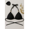 Siyah Pedli Üçgen Bikini Üstü Halter Bağlamalı Aksesuarlı Esnek Kumaş Kadın Mayo Üstü