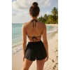 Siyah Şortlu Bağlamalı Bikini Takımı Üçgen Kesim Ayarlanabilir Esnek Kumaş Kadın Mayo Seti