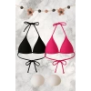 Siyah ve Fuşya Detaylı Üçgen Bikini Üstü Bağlamalı Kadın Mayo Üstü 2li