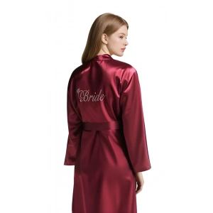 Bordo Saten Bride Sabahlık Zarif Kadın Ev Giyim