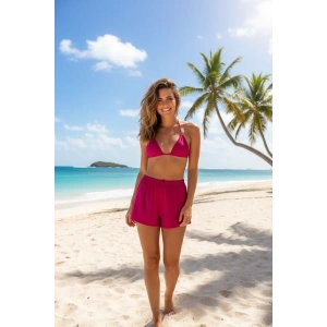 Fuşya Şortlu Bağlamalı Bikini Takımı Üçgen Kesim Ayarlanabilir Esnek Kumaş Kadın Mayo Seti
