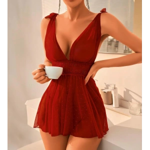 Giyim Bordo Dantel İşlemeli Puantiyeli Tül Fantezi Gecelik