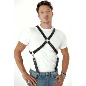Giyim Göğüs Detaylı Arkadan Bağlamalı Erkek  Deri Harness - Brfm84