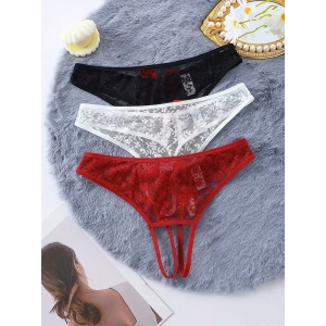Giyim Kadın 3lü Seksi Ağ Bölgesi Açık Dantelli Tanga Seti