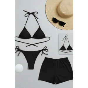 Giyim Kadın 3lü Set Siyah Şortlu Ve Yandan Bağlamalı Bikini Mayo Takımı
