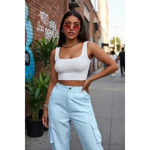 Giyim Kadın Beyaz Kalın Askılı Crop Top Büstiyer Esnek Kumaş Şık Basic Kadın Üst Giyim