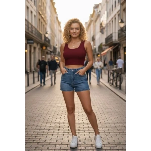 Giyim Kadın Bordo Modern Fit Kare Yaka Crop Top Bluz
