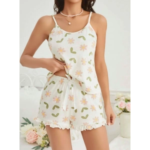 Giyim Kadın Ekru Çiçek Baskılı Şortlu Gecelik Pijama Takımı 5047