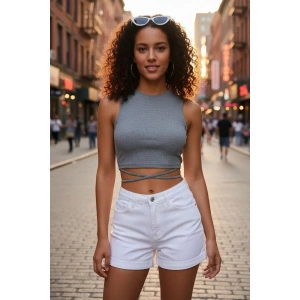 Giyim Kadın Gri Modern Fit Çapraz Bağlamalı Crop Top Büstiyer