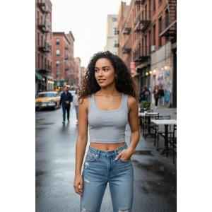 Giyim Kadın Gri Modern Fit Kare Yaka Crop Top Bluz