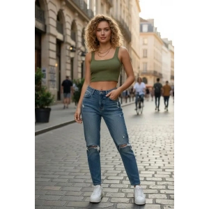 Giyim Kadın Haki Yeşili Kalın Askılı Crop Top Büstiyer Esnek Kumaş Şık Basic Kadın Üst Giyim