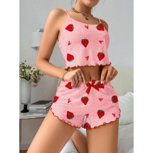 Giyim Kadın Pembe Çilek Desenli Şortlu Pijama Takımı 5056
